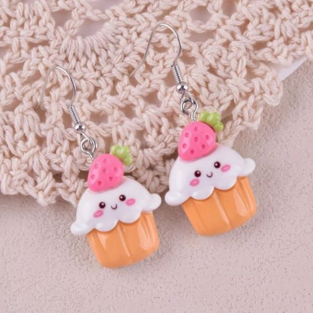 Strawberry Cupcake Resin Dangle Earrings